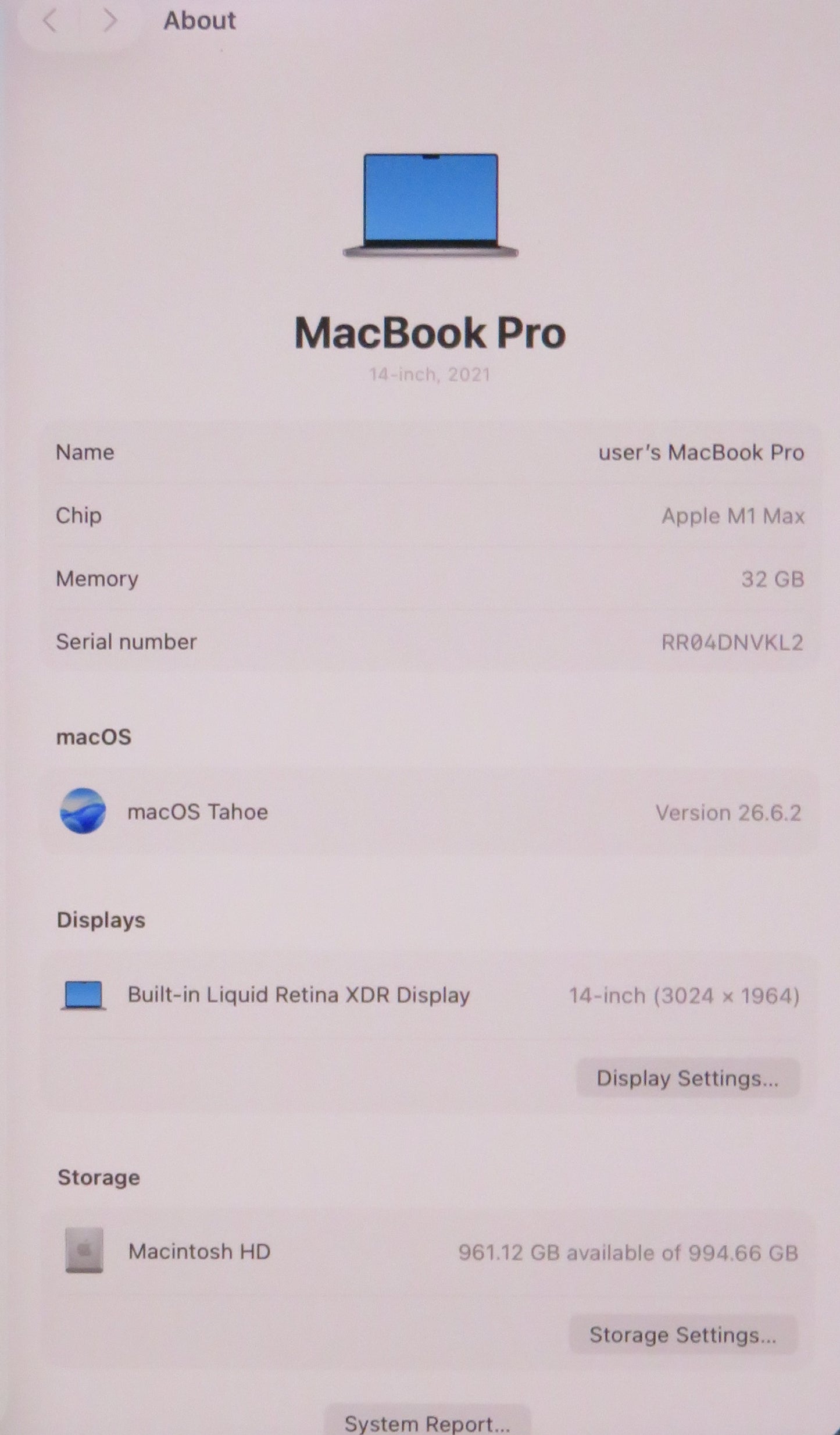Apple Macbook Pro 2021 14in Retina XDR M1 Max 32GB RAM 1TB SSD Tahoe A2442