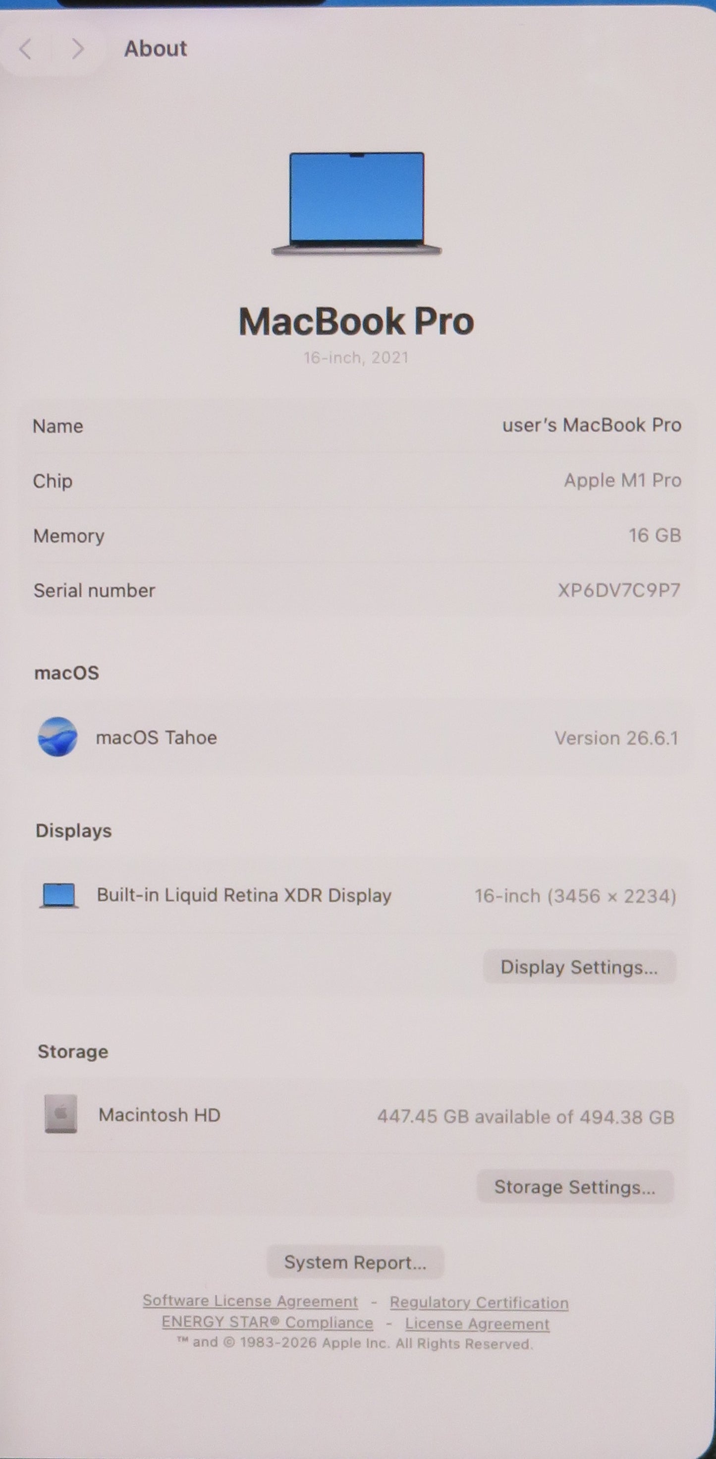 Apple Macbook Pro 2021 16in Retina XDR M1 Pro 16GB RAM 512GB macOS A2485