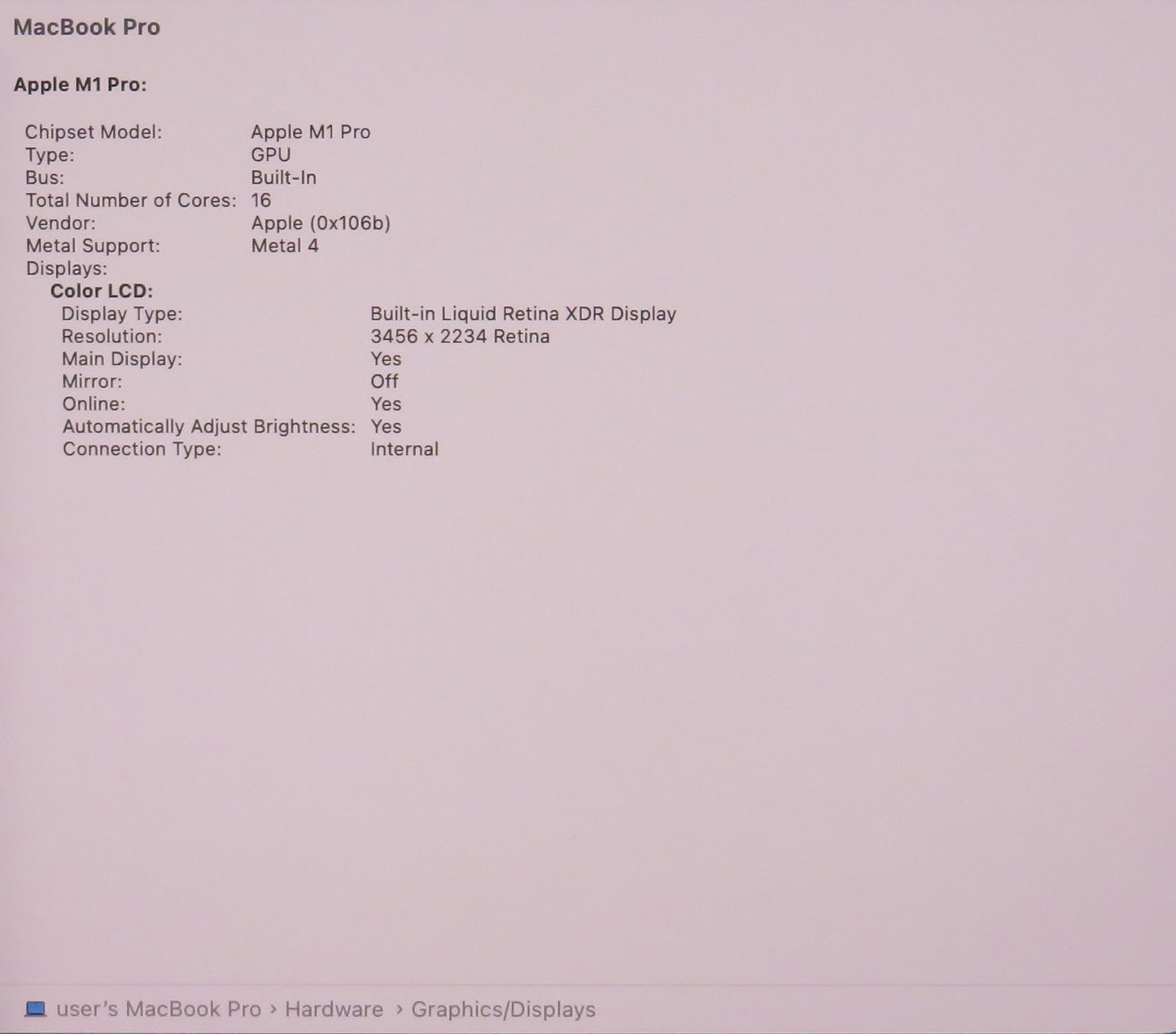 Apple Macbook Pro 2021 16in Retina XDR M1 Pro 16GB RAM 512GB macOS A2485