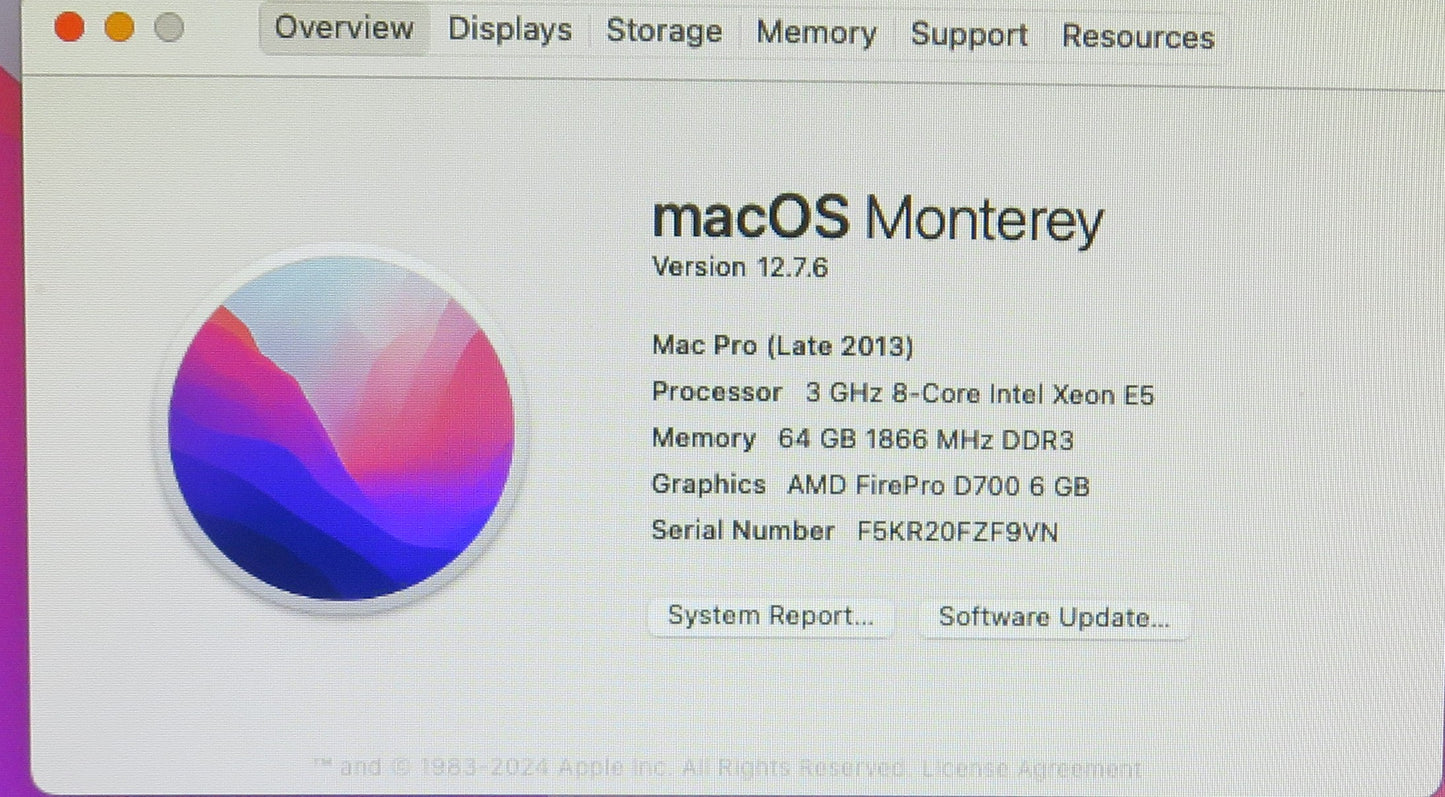 Apple Mac Pro 2013 Xeon E5-2697v2 2.7GHz 64GB RAM 1TB DUAL D700 macOS A1481