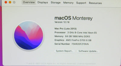 Apple Mac Pro 2013 Xeon E5-2697v2 2.7GHz 64GB RAM 1TB DUAL D700 macOS A1481