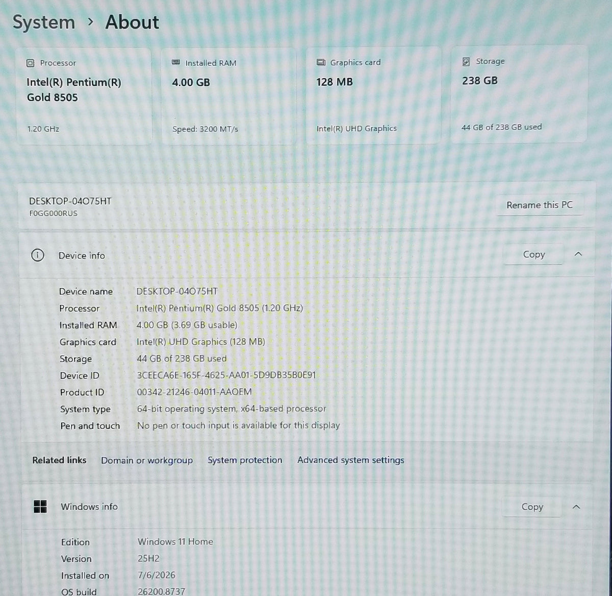 Lenovo Ideacentre AIO 3 22IAP7 PG-8505, 4GB MEMORY, 256 SSD
