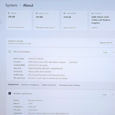 HP AIO 24-CR0046 All-in-One 23.8 In  Gold, 4GB RAM, 256GB SSD