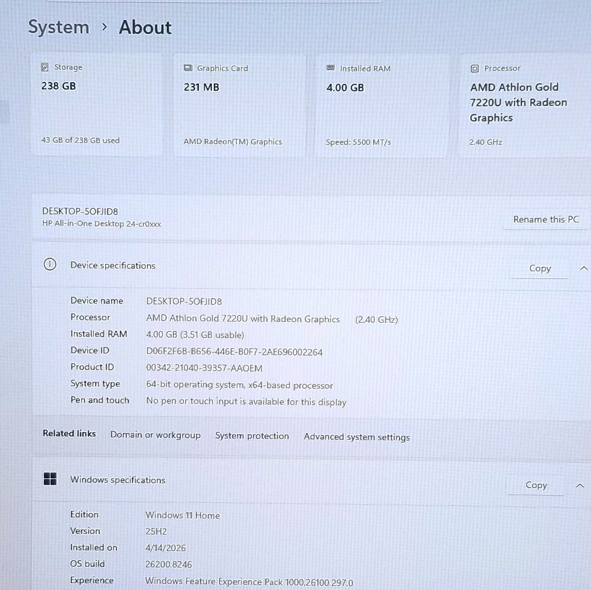 HP AIO 24-CR0046 All-in-One 23.8 In Gold, 4GB RAM, 256GB SSD