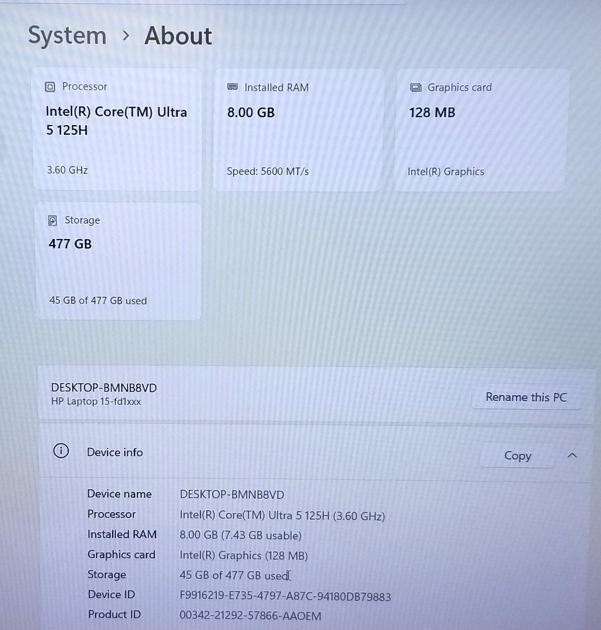 HP 15-FD1065OD 15.6in Laptop, Intel Core Ultra 5 125H, 8GB, 512 GB SSD