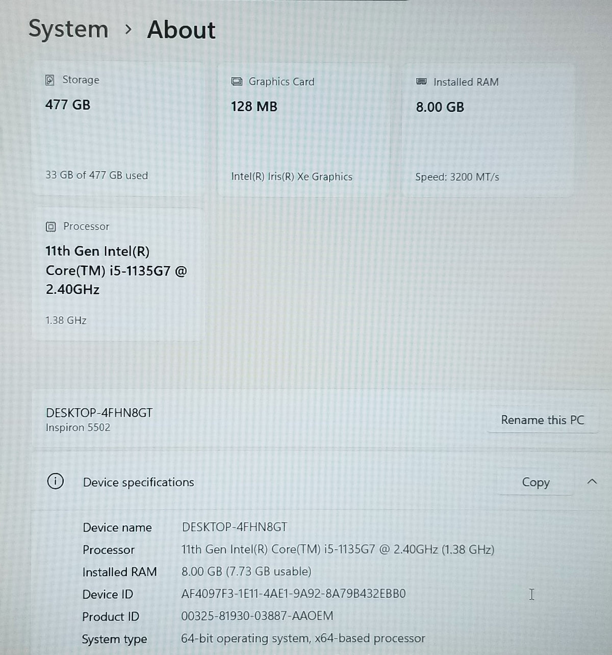 Dell Inspiron 5502 15.6 In i5-1135G7, 8GB Memory, 512GB SSD