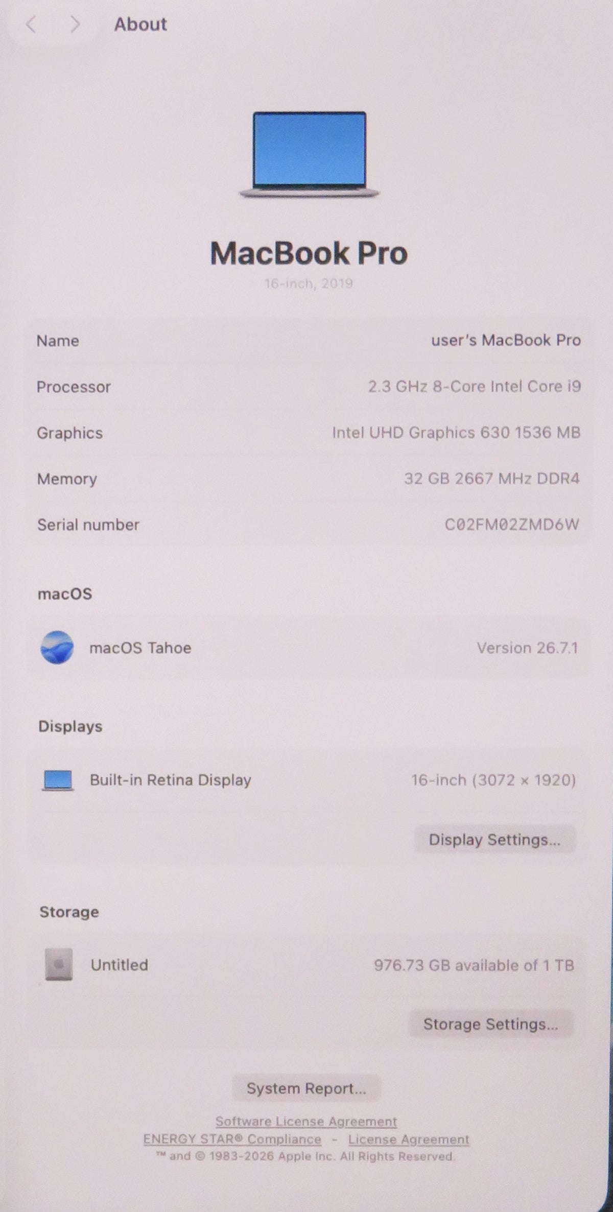 Apple MacBook Pro 2019 16in A2141 i9 9880H 2.3GHz 32GB RAM 1TB macOS 5500M