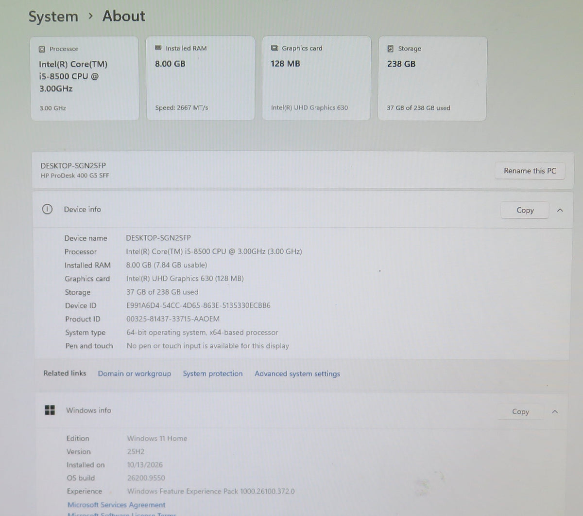 HP ProDesk 400 G5 SFF Computer i5-8500 3.0GHz 8GB RAM 256GB Windows 11