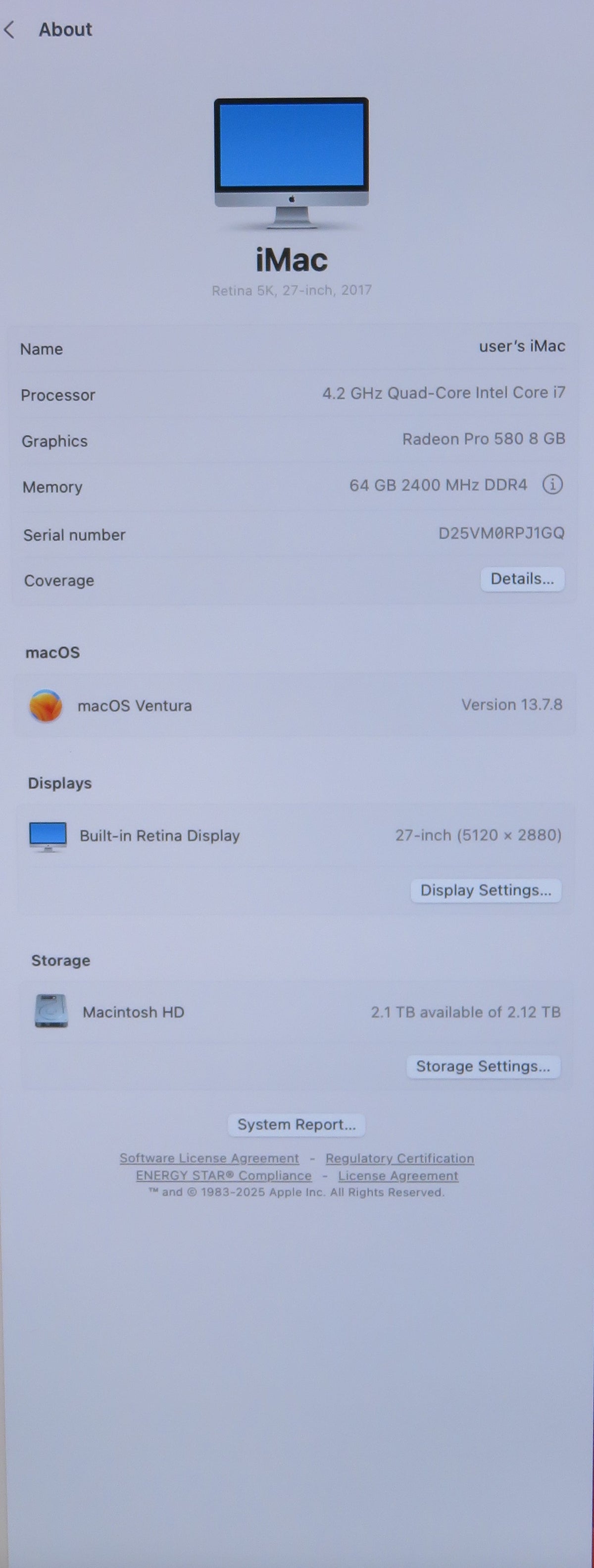 Apple iMac 27in 5K 2017 i7-7700K 4.2 GHz 64GB RAM 2TB macOS Radeon Pro 580 A1419